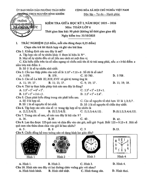 đề giữa học kỳ 1 toán 6 năm 2025 – 2026 trường thcs nguyễn bỉnh khiêm – đồng nai