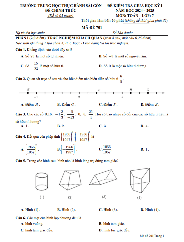 đề giữa học kỳ 1 toán 7 năm 2024 – 2025 trường thực hành sài gòn – tp hcm