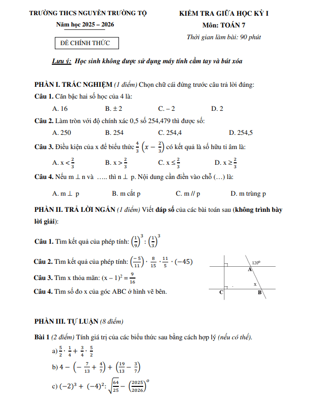 đề giữa học kỳ 1 toán 7 năm 2025 – 2026 trường thcs nguyễn trường tộ – hà nội