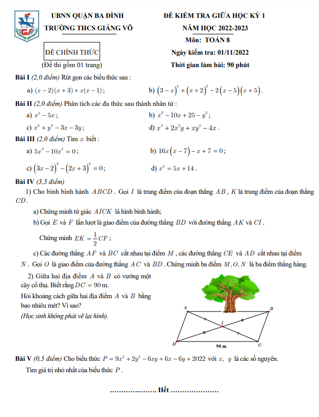 đề giữa học kỳ 1 toán 8 năm 2022 – 2023 trường thcs giảng võ – hà nội