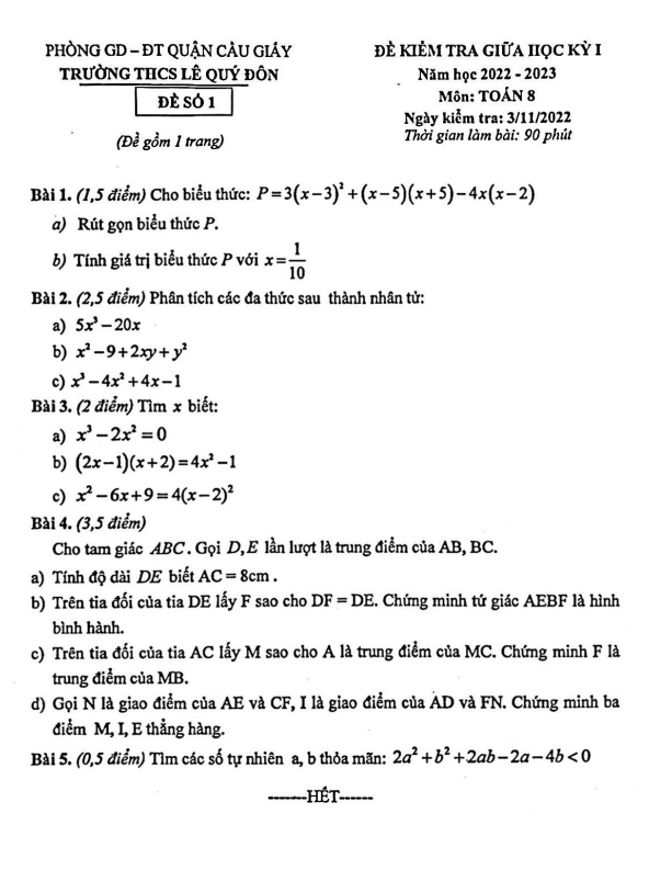 đề giữa học kỳ 1 toán 8 năm 2022 – 2023 trường thcs lê quý đôn – hà nội