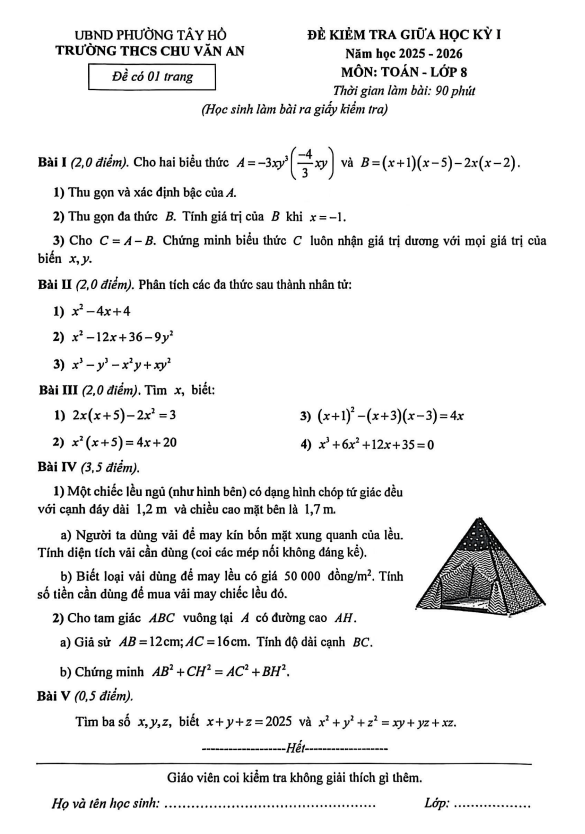 đề giữa học kỳ 1 toán 8 năm 2025 – 2026 trường thcs chu văn an – hà nội