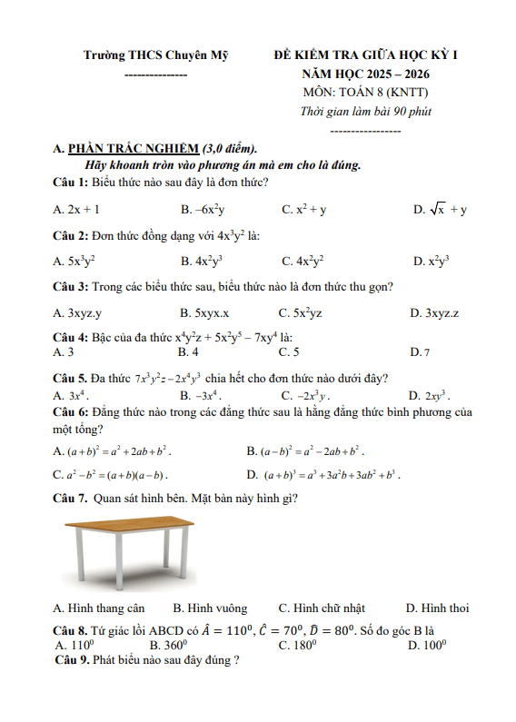 đề giữa học kỳ 1 toán 8 năm 2025 – 2026 trường thcs chuyên mỹ – hà nội