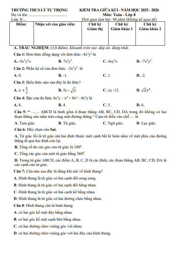 đề giữa học kỳ 1 toán 8 năm 2025 – 2026 trường thcs lý tự trọng – đà nẵng