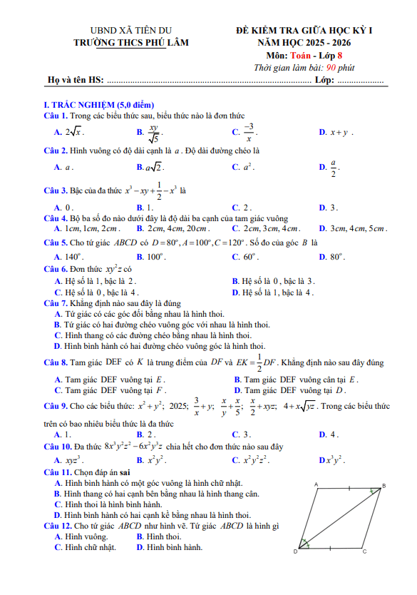 đề giữa học kỳ 1 toán 8 năm 2025 – 2026 trường thcs phú lâm – bắc ninh