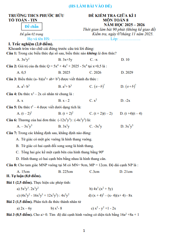 đề giữa học kỳ 1 toán 8 năm 2025 – 2026 trường thcs phước bửu – tp hcm