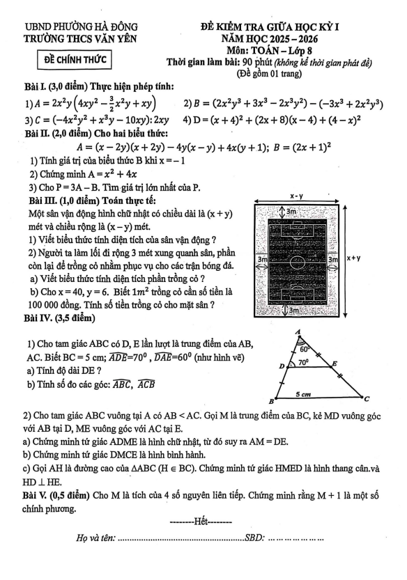 đề giữa học kỳ 1 toán 8 năm 2025 – 2026 trường thcs văn yên – hà nội