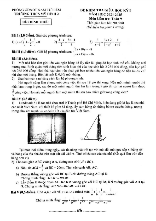 đề giữa học kỳ 1 toán 9 năm 2024 – 2025 trường thcs mỹ đình 2 – hà nội