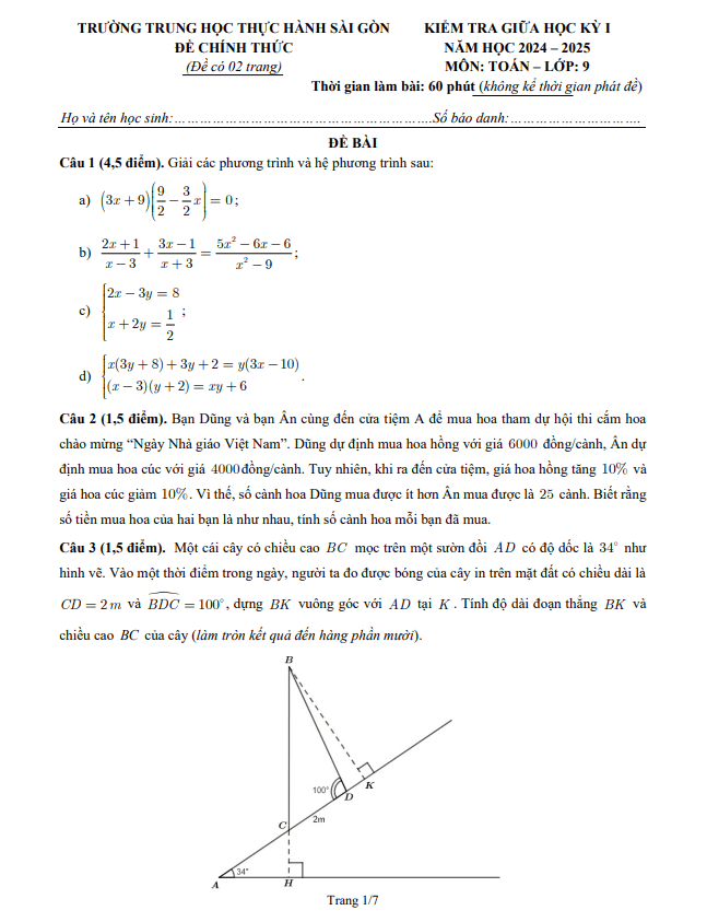 đề giữa học kỳ 1 toán 9 năm 2024 – 2025 trường thực hành sài gòn – tp hcm