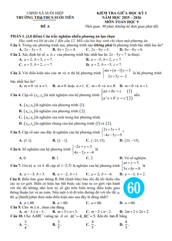 đề giữa học kỳ 1 toán 9 năm 2025 – 2026 trường th&thcs suối tiên – khánh hòa