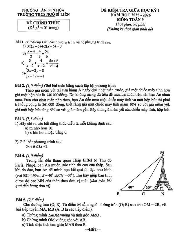 đề giữa học kỳ 1 toán 9 năm 2025 – 2026 trường thcs ngô sĩ liên – tp hcm