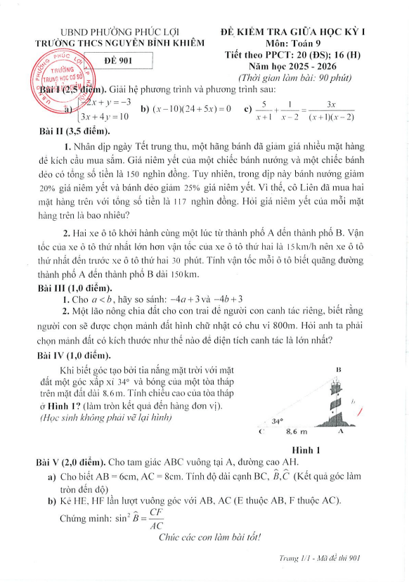 đề giữa học kỳ 1 toán 9 năm 2025 – 2026 trường thcs nguyễn bỉnh khiêm – hà nội