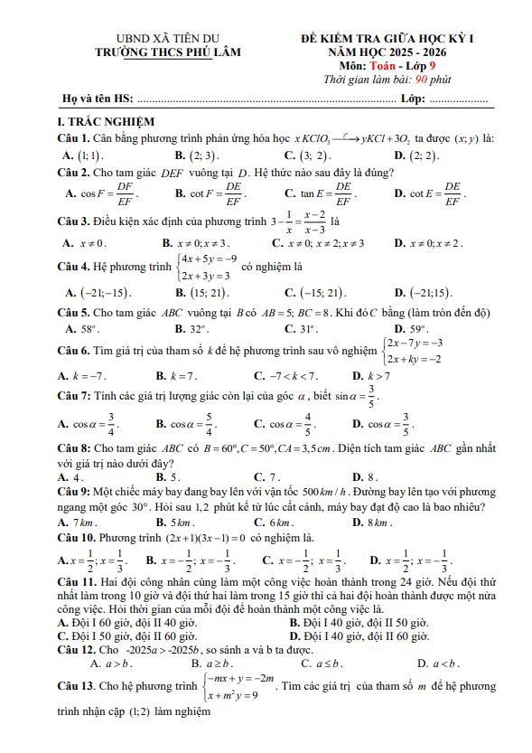 đề giữa học kỳ 1 toán 9 năm 2025 – 2026 trường thcs phú lâm – bắc ninh