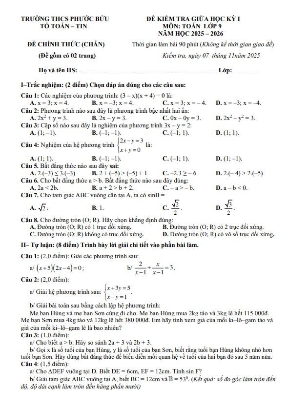 đề giữa học kỳ 1 toán 9 năm 2025 – 2026 trường thcs phước bửu – tp hcm