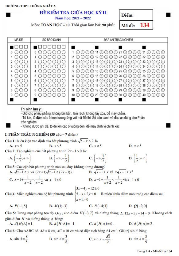 đề giữa học kỳ 2 toán 10 năm 2021 – 2022 trường thpt thống nhất a – đồng nai