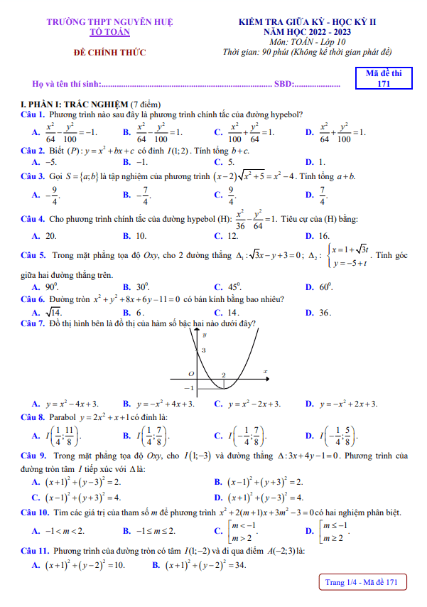 đề giữa học kỳ 2 toán 10 năm 2022 – 2023 trường thpt nguyễn huệ – tt huế
