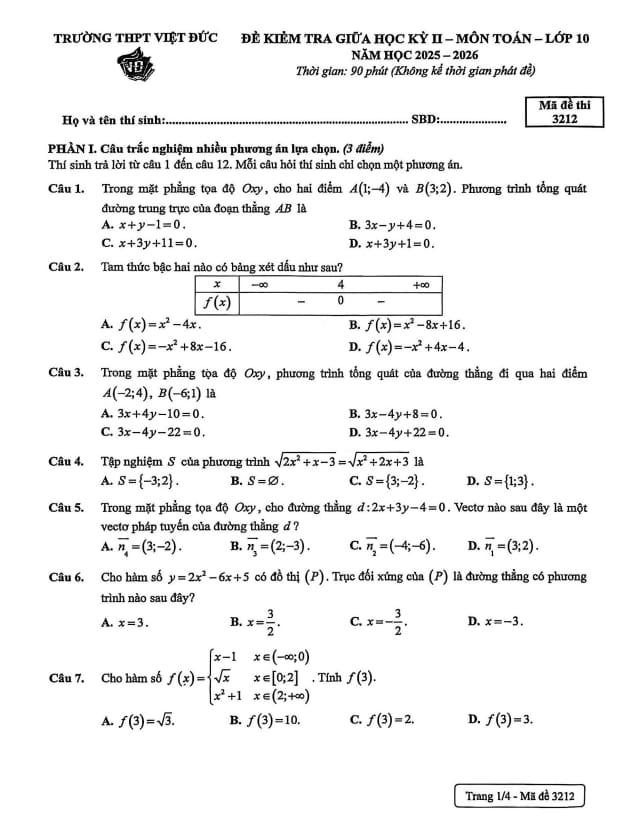 đề giữa học kỳ 2 toán 10 năm 2025 – 2026 trường thpt việt đức – hà nội