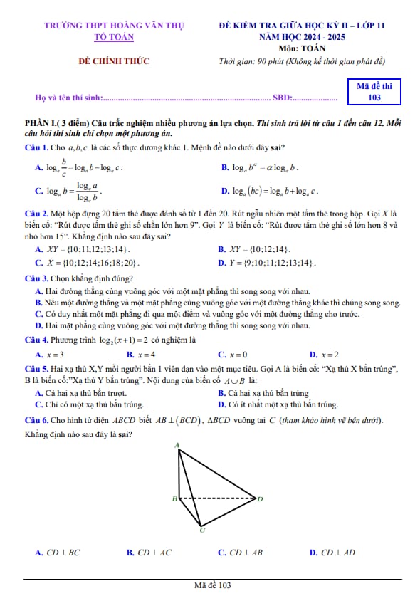 đề giữa học kỳ 2 toán 11 năm 2024 – 2025 trường thpt hoàng văn thụ – hà nội