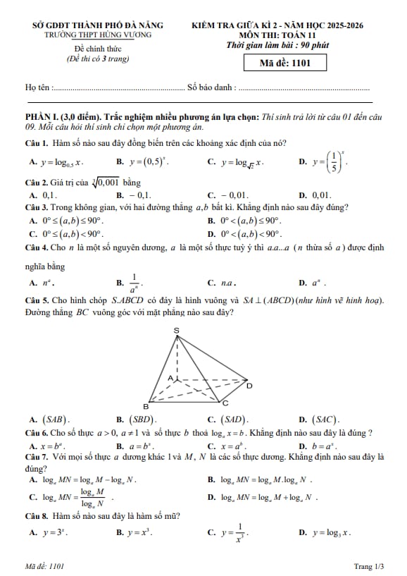 đề giữa học kỳ 2 toán 11 năm 2025 – 2026 trường thpt hùng vương – đà nẵng