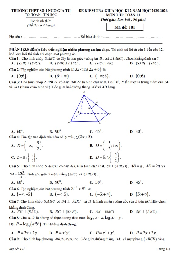 đề giữa học kỳ 2 toán 11 năm 2025 – 2026 trường thpt ngô gia tự 1 – đắk lắk