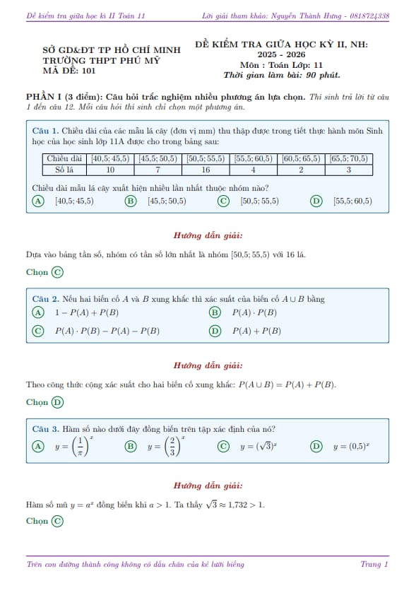 đề giữa học kỳ 2 toán 11 năm 2025 – 2026 trường thpt phú mỹ – tp hcm