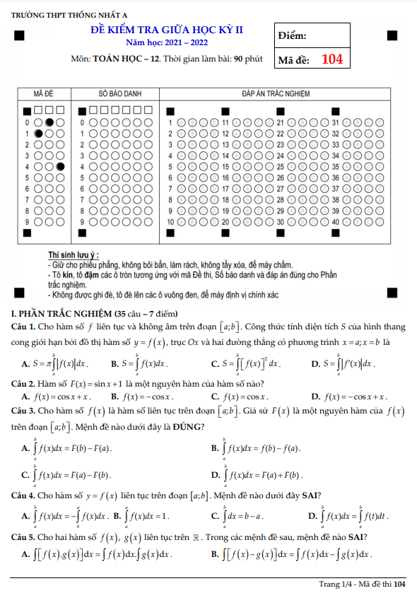 đề giữa học kỳ 2 toán 12 năm 2021 – 2022 trường thpt thống nhất a – đồng nai