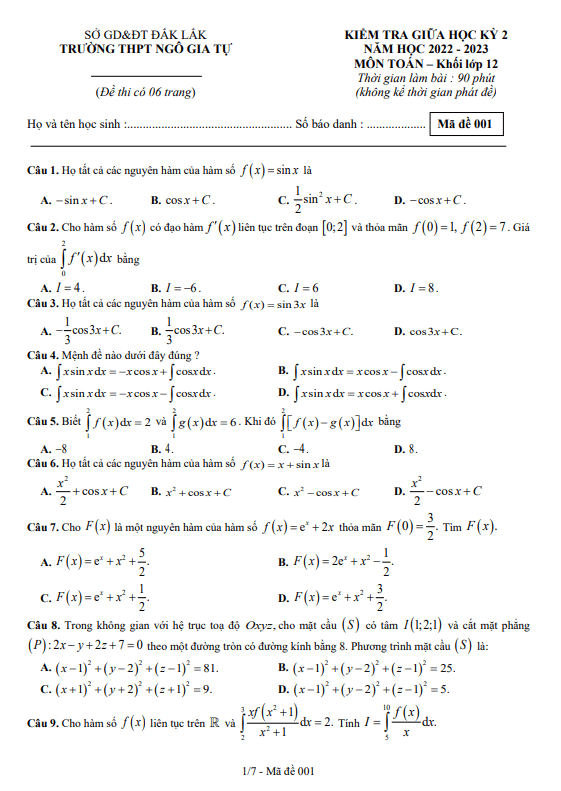 đề giữa học kỳ 2 toán 12 năm 2022 – 2023 trường thpt ngô gia tự – đắk lắk