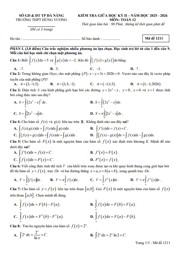 đề giữa học kỳ 2 toán 12 năm 2025 – 2026 trường thpt hùng vương – đà nẵng