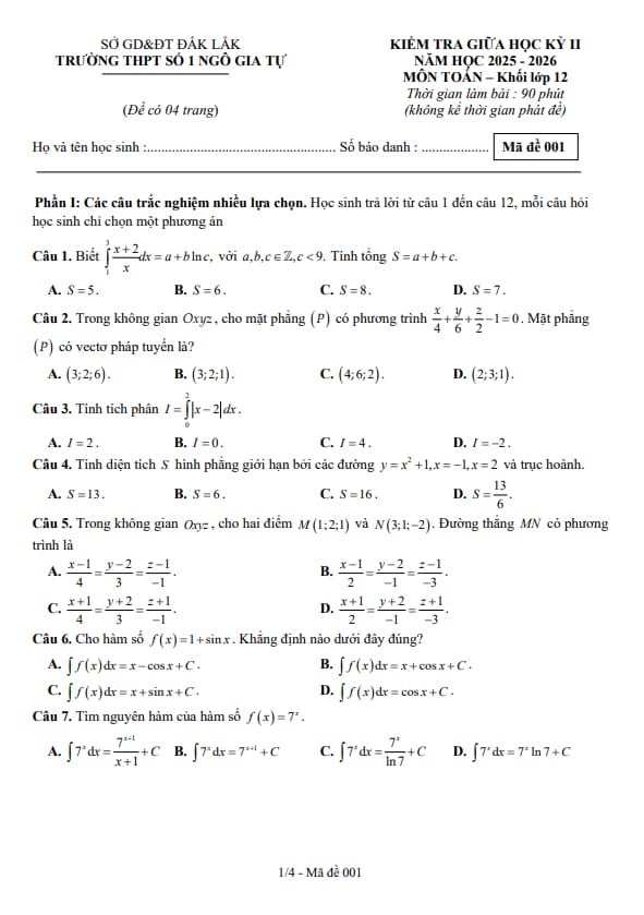 đề giữa học kỳ 2 toán 12 năm 2025 – 2026 trường thpt ngô gia tự 1 – đắk lắk
