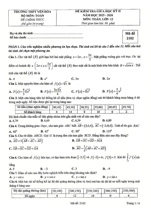 đề giữa học kỳ 2 toán 12 năm 2025 – 2026 trường thpt yên hòa – hà nội