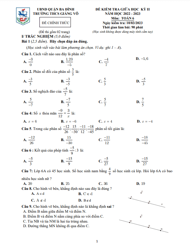 đề giữa học kỳ 2 toán 6 năm 2022 – 2023 trường thcs giảng võ – hà nội