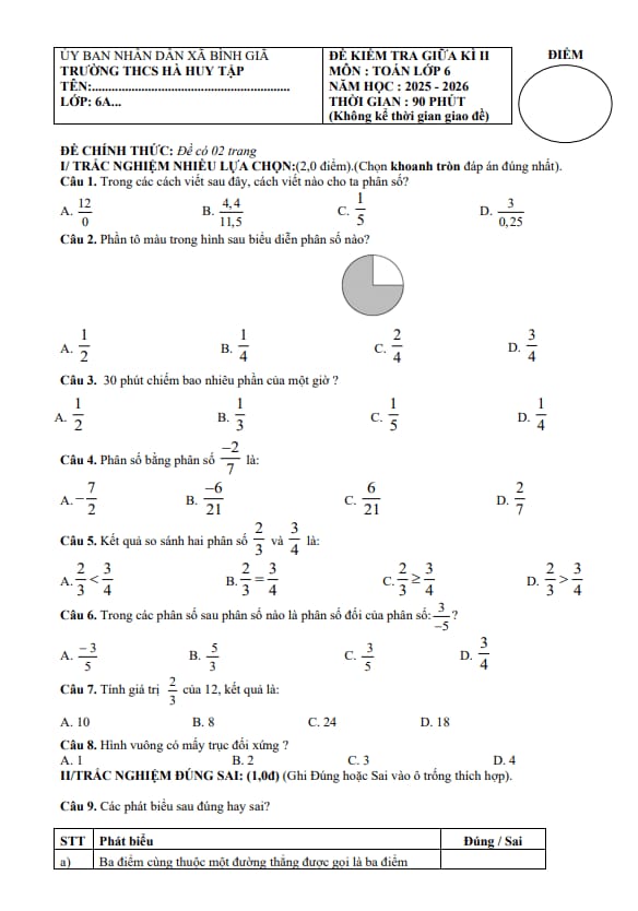 đề giữa học kỳ 2 toán 6 năm 2025 – 2026 trường thcs hà huy tập – tp hcm
