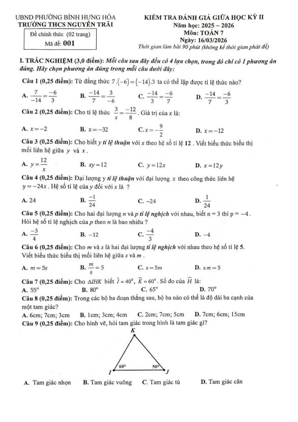 đề giữa học kỳ 2 toán 7 năm 2025 – 2026 trường thcs nguyễn trãi – tp hcm
