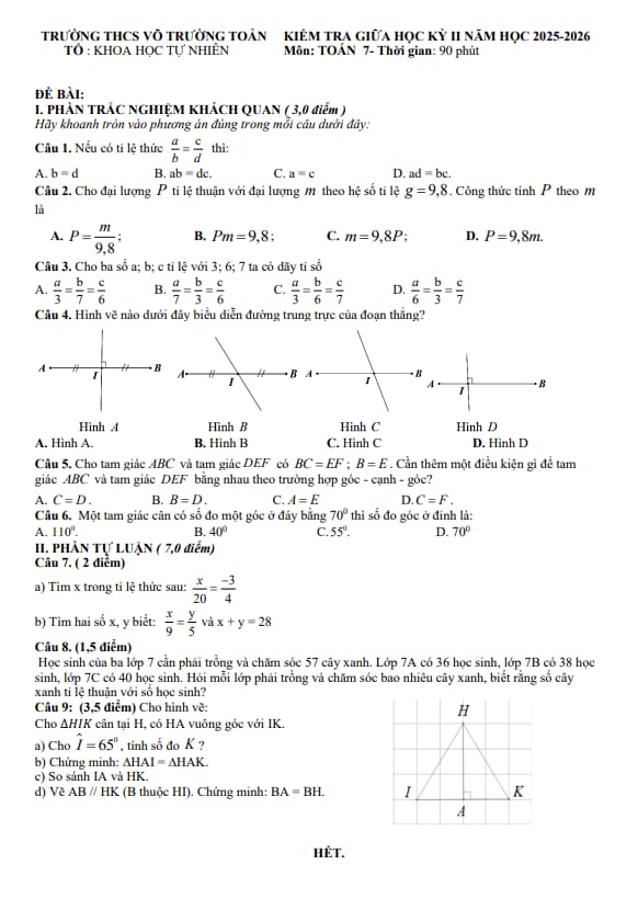 đề giữa học kỳ 2 toán 7 năm 2025 – 2026 trường thcs võ trường toản – tp hcm