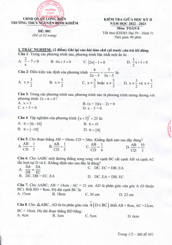 đề giữa học kỳ 2 toán 8 năm 2022 – 2023 trường thcs nguyễn bỉnh khiêm – hà nội