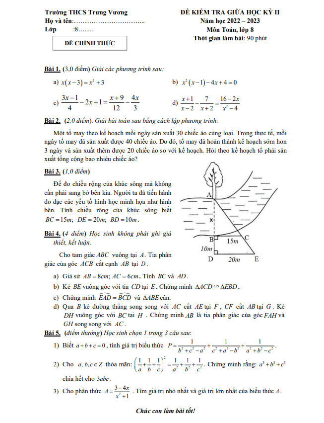 đề giữa học kỳ 2 toán 8 năm 2022 – 2023 trường thcs trưng vương – hà nội