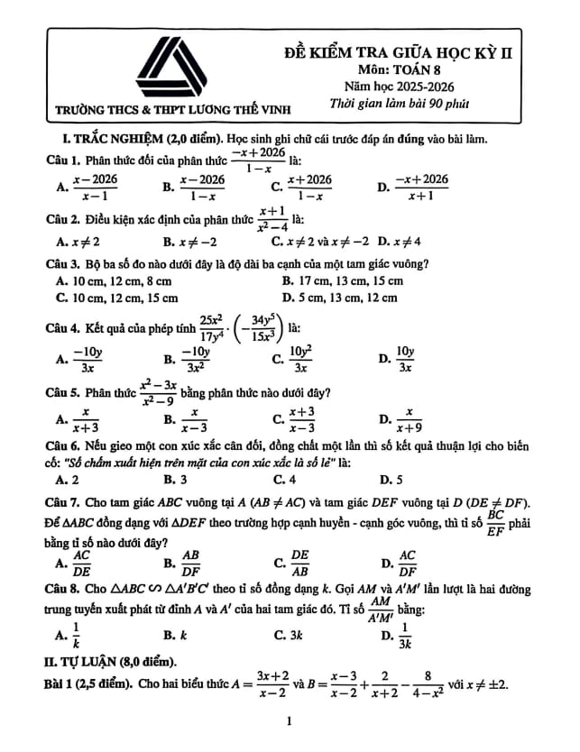 đề giữa học kỳ 2 toán 8 năm 2025 – 2026 trường lương thế vinh – hà nội