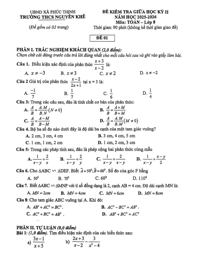 đề giữa học kỳ 2 toán 8 năm 2025 – 2026 trường thcs nguyên khê – hà nội