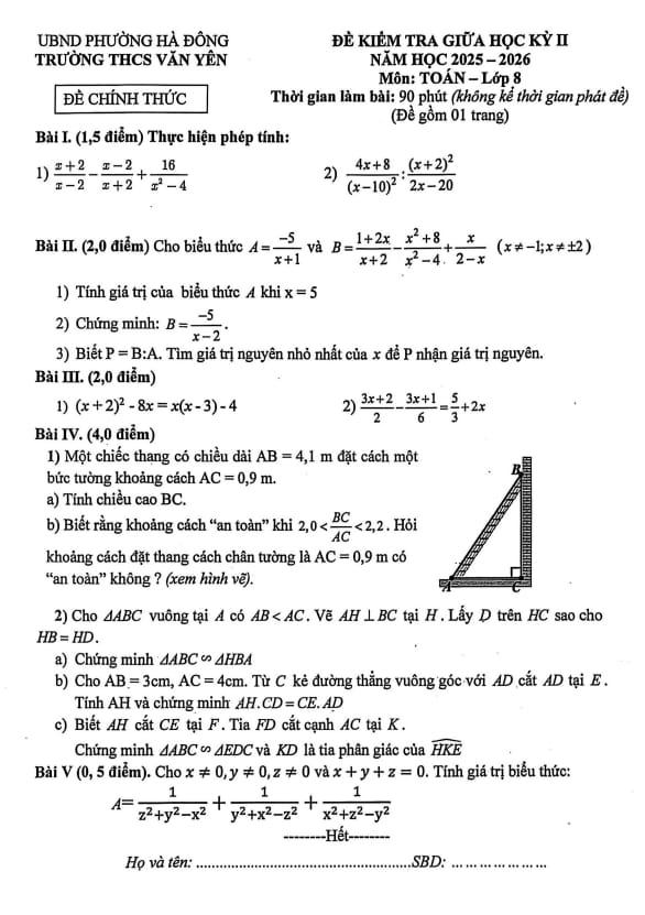 đề giữa học kỳ 2 toán 8 năm 2025 – 2026 trường thcs văn yên – hà nội