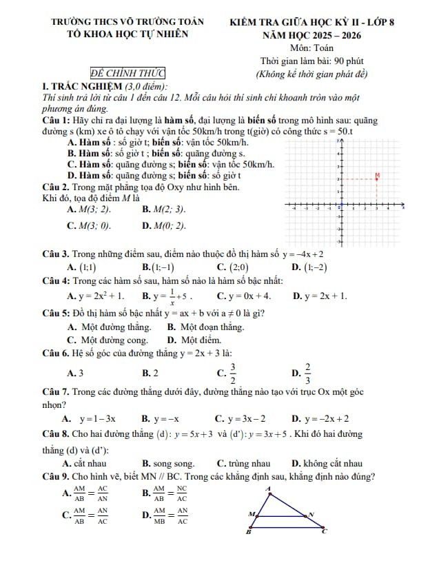 đề giữa học kỳ 2 toán 8 năm 2025 – 2026 trường thcs võ trường toản – tp hcm