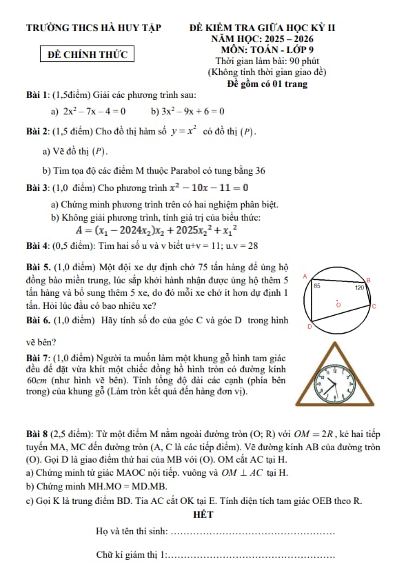 đề giữa học kỳ 2 toán 9 năm 2025 – 2026 trường thcs hà huy tập – tp hcm