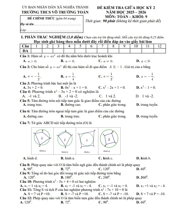 đề giữa học kỳ 2 toán 9 năm 2025 – 2026 trường thcs võ trường toản – tp hcm