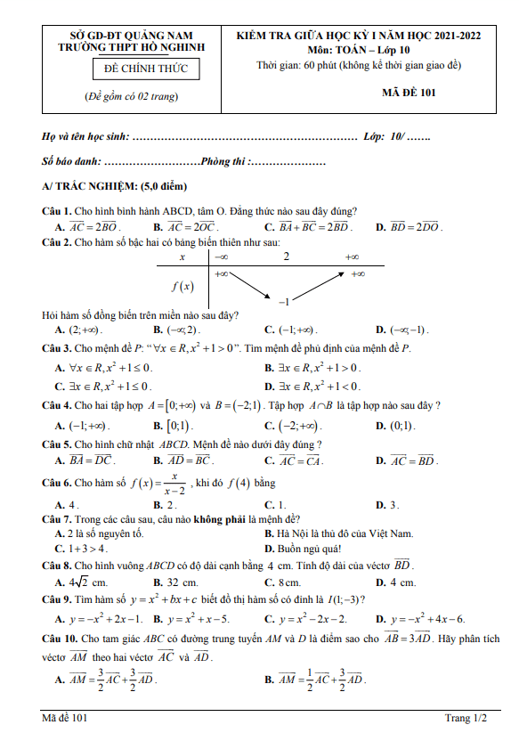 đề giữa kì 1 toán 10 năm 2021 – 2022 trường thpt hồ nghinh – quảng nam