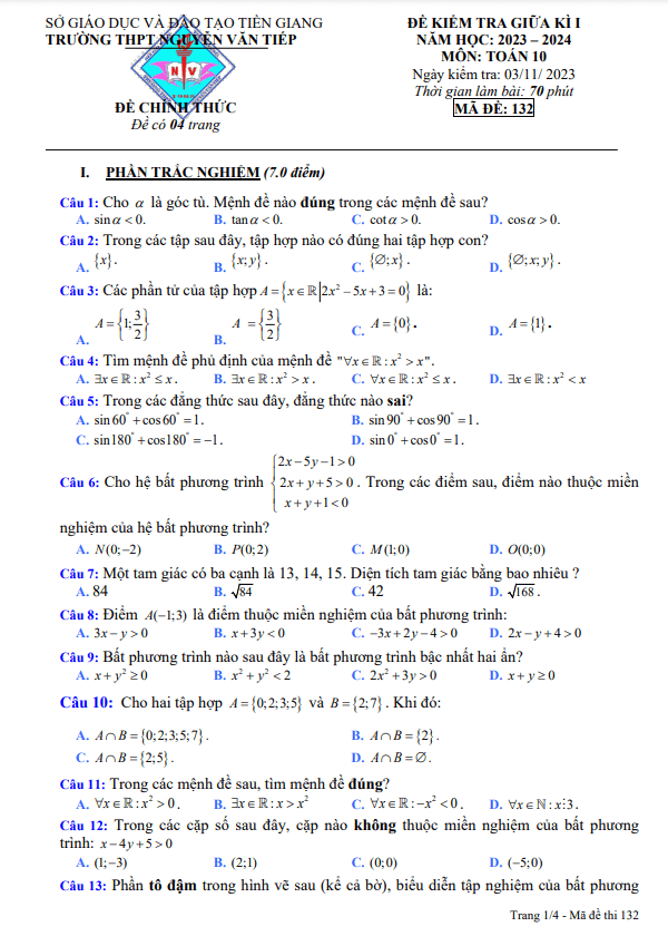đề giữa kì 1 toán 10 năm 2023 – 2024 trường thpt nguyễn văn tiếp – tiền giang
