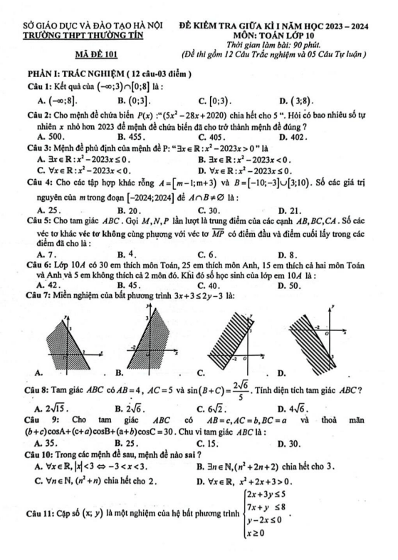 đề giữa kì 1 toán 10 năm 2023 – 2024 trường thpt thường tín – hà nội