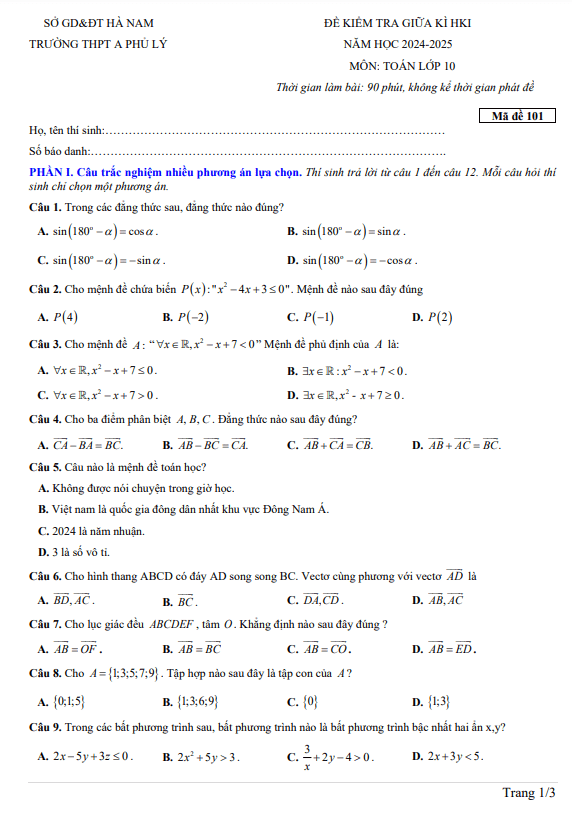 đề giữa kì 1 toán 10 năm 2024 – 2025 trường thpt a phủ lý – hà nam