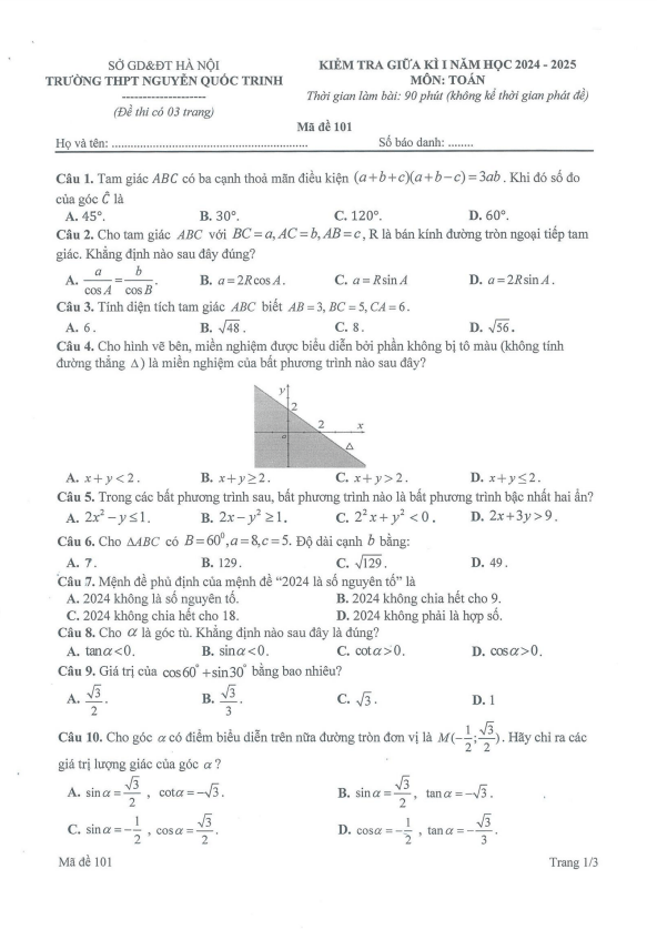 đề giữa kì 1 toán 10 năm 2024 – 2025 trường thpt nguyễn quốc trinh – hà nội