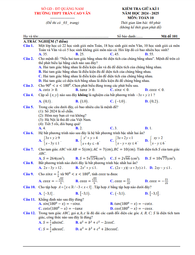 đề giữa kì 1 toán 10 năm 2024 – 2025 trường thpt trần cao vân – quảng nam