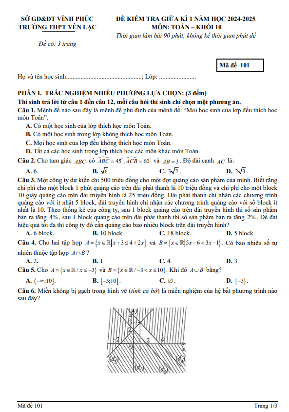 đề giữa kì 1 toán 10 năm 2024 – 2025 trường thpt yên lạc – vĩnh phúc