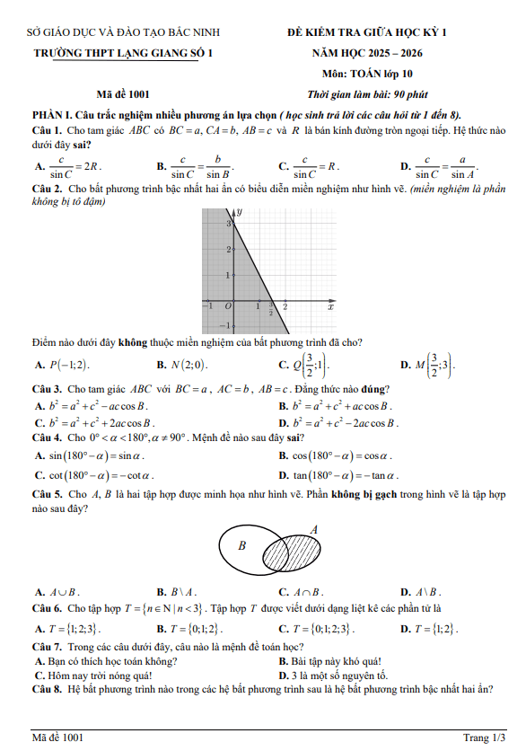đề giữa kì 1 toán 10 năm 2025 – 2026 trường thpt lạng giang 1 – bắc ninh